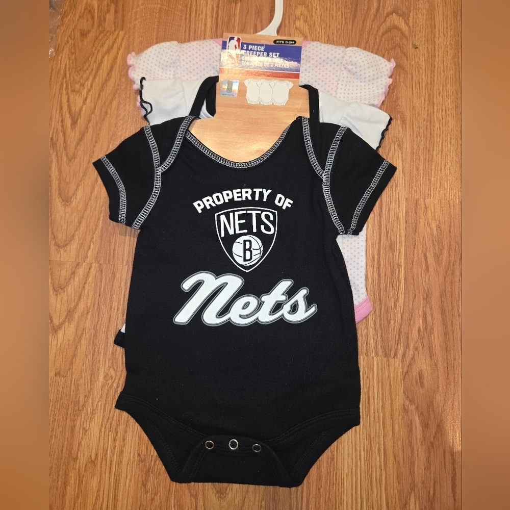 NBA Brooklyn Nets Baby Fan Girl Bodysuit 3pc NWT 0-3 Months Basketball Cotton